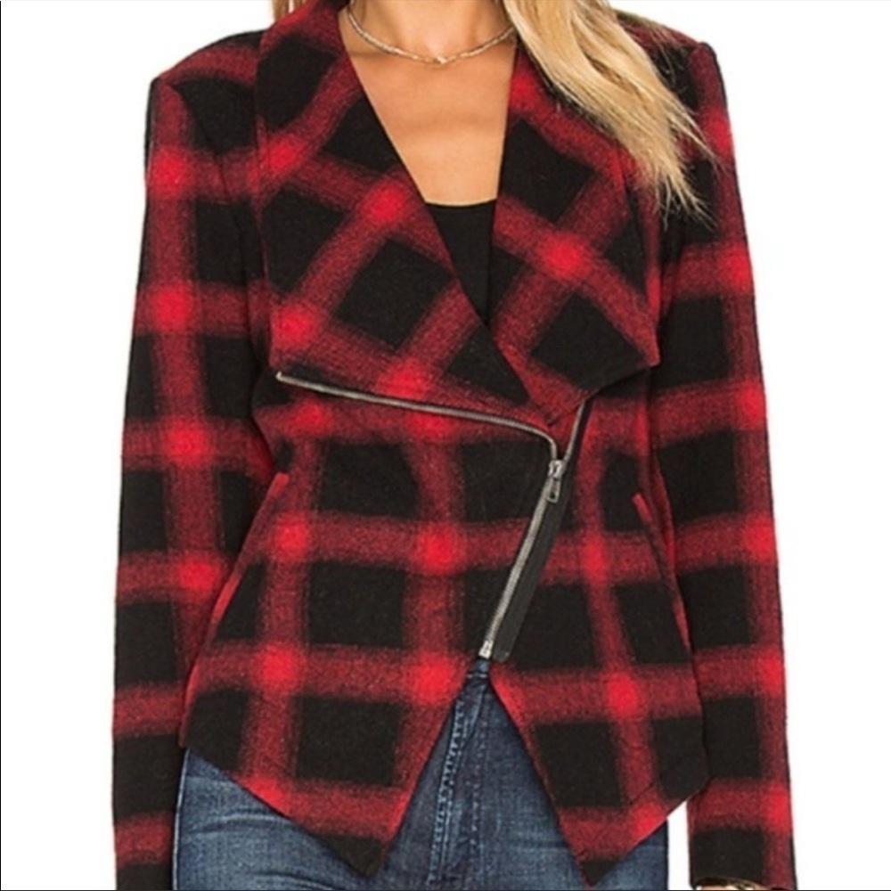 BB Dakota Lilymay Jacket Size XS Red Black Plaid Asymmetric Zip Wool Blend Boho